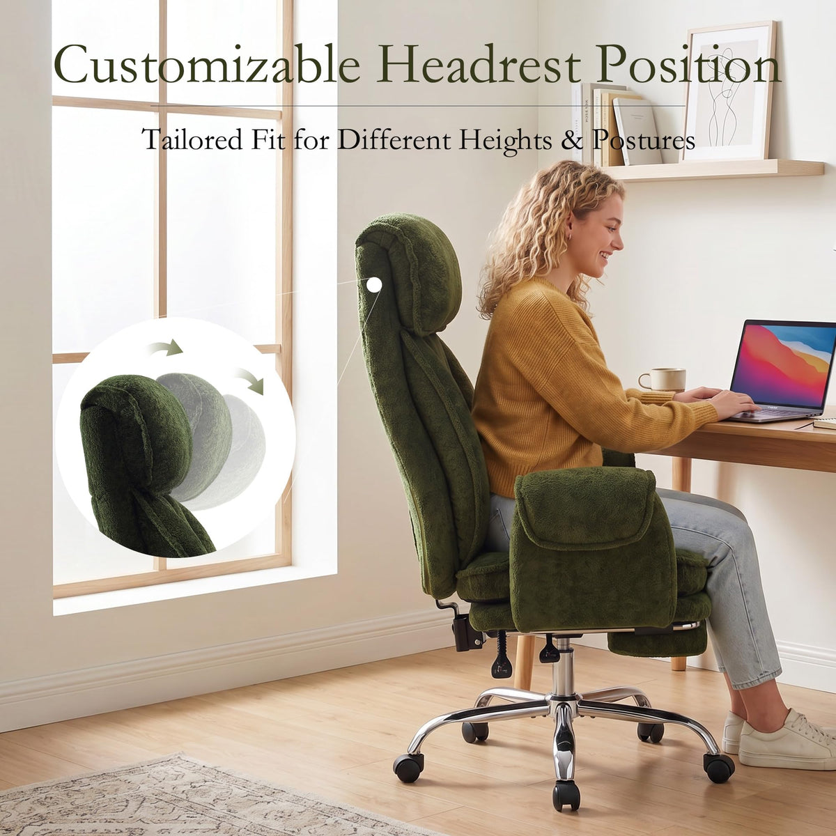 SleekJtre Criss Cross Comfy Office Chair with Adjustable 5-Position Armrests, Retractable Footrest & Headrest, Pet Friendly Reclining Desk Chair for Cross-Legged Sitting Green