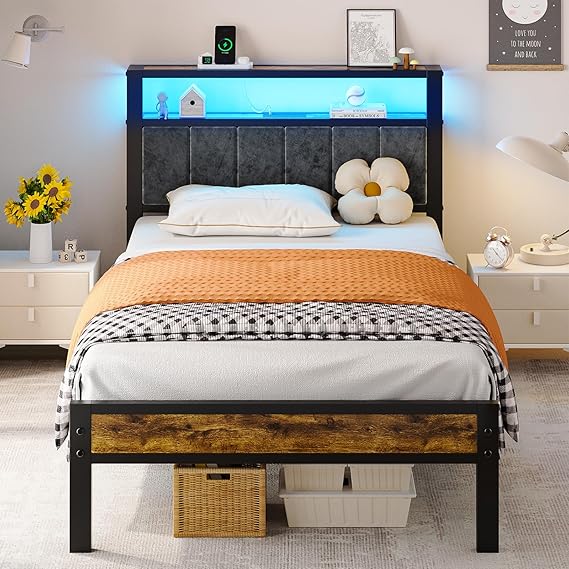Metal Platform Bed Frame with RGB LED Lights, Charging Station & 2-Tier Storage Headboard