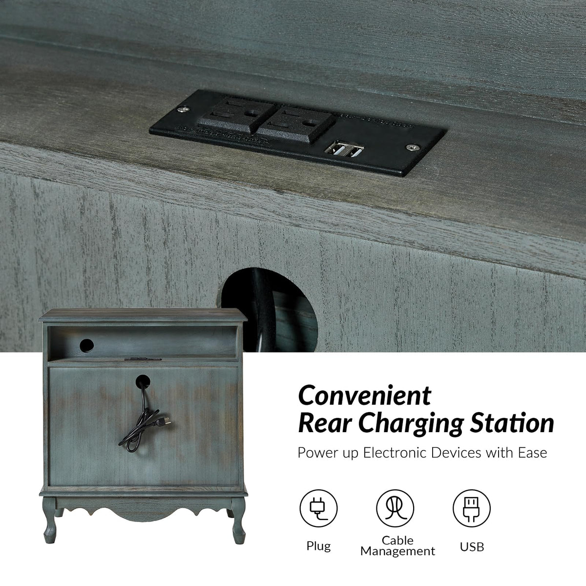 HULALA HOME 3-Drawer Nightstand with Charging Station, Set of 2 Blue