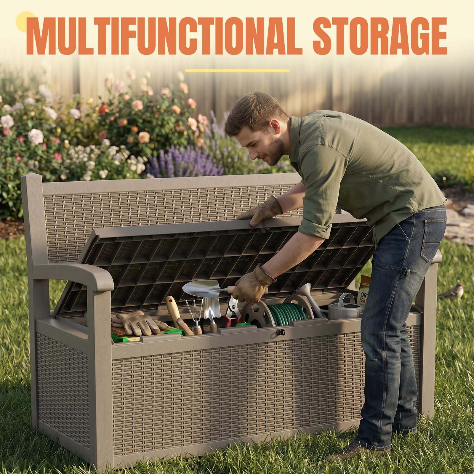 ATMELT Storage Bench Outdoor Deck Box,100 Gallon Waterproof & UV Resistant Lockable Patio Furniture Seating.Indoor/Outdoor Shoe Storage Cabinet for Garden Cushions,Tools,Patio,Pool Supplies(Taupe)