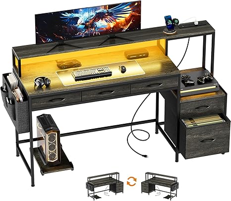 61" Gaming & Computer Desk with LED Lights, Charging Station & Monitor Stand