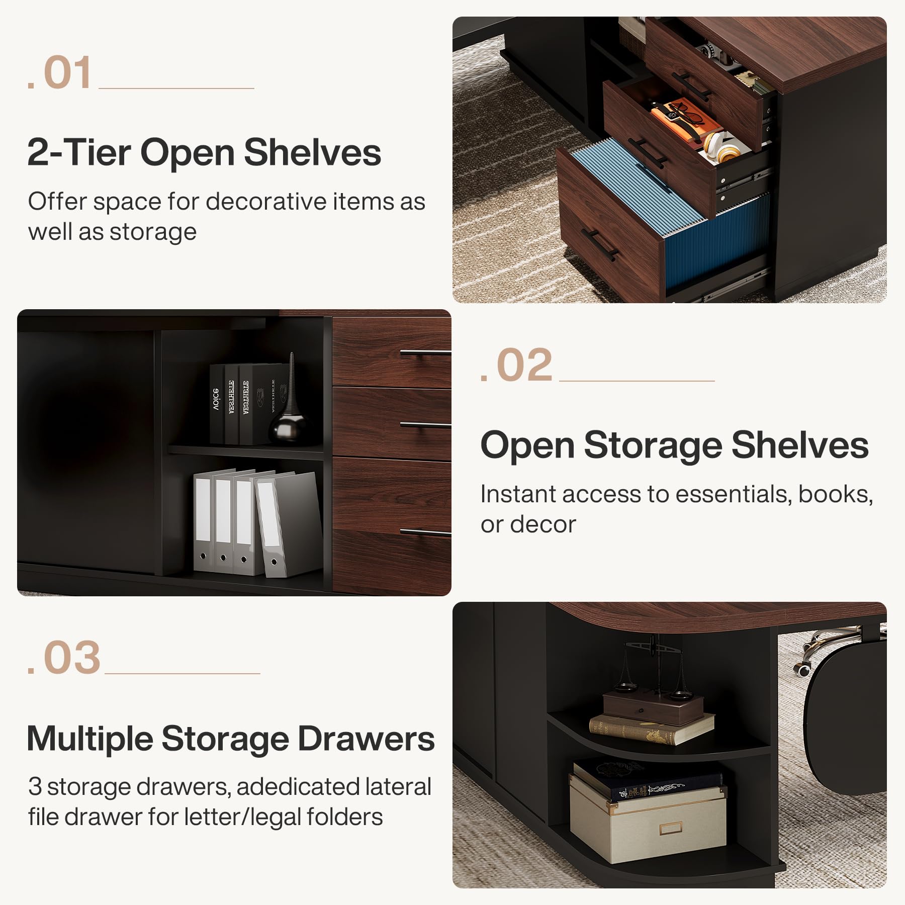 Tribesigns 81'' L-Shaped Executive Desk, Large Modern Office Desk with Drawers and File Cabinet for Home or Business Workspace, Computer Desk with Storage Shelves, Walnut & Black