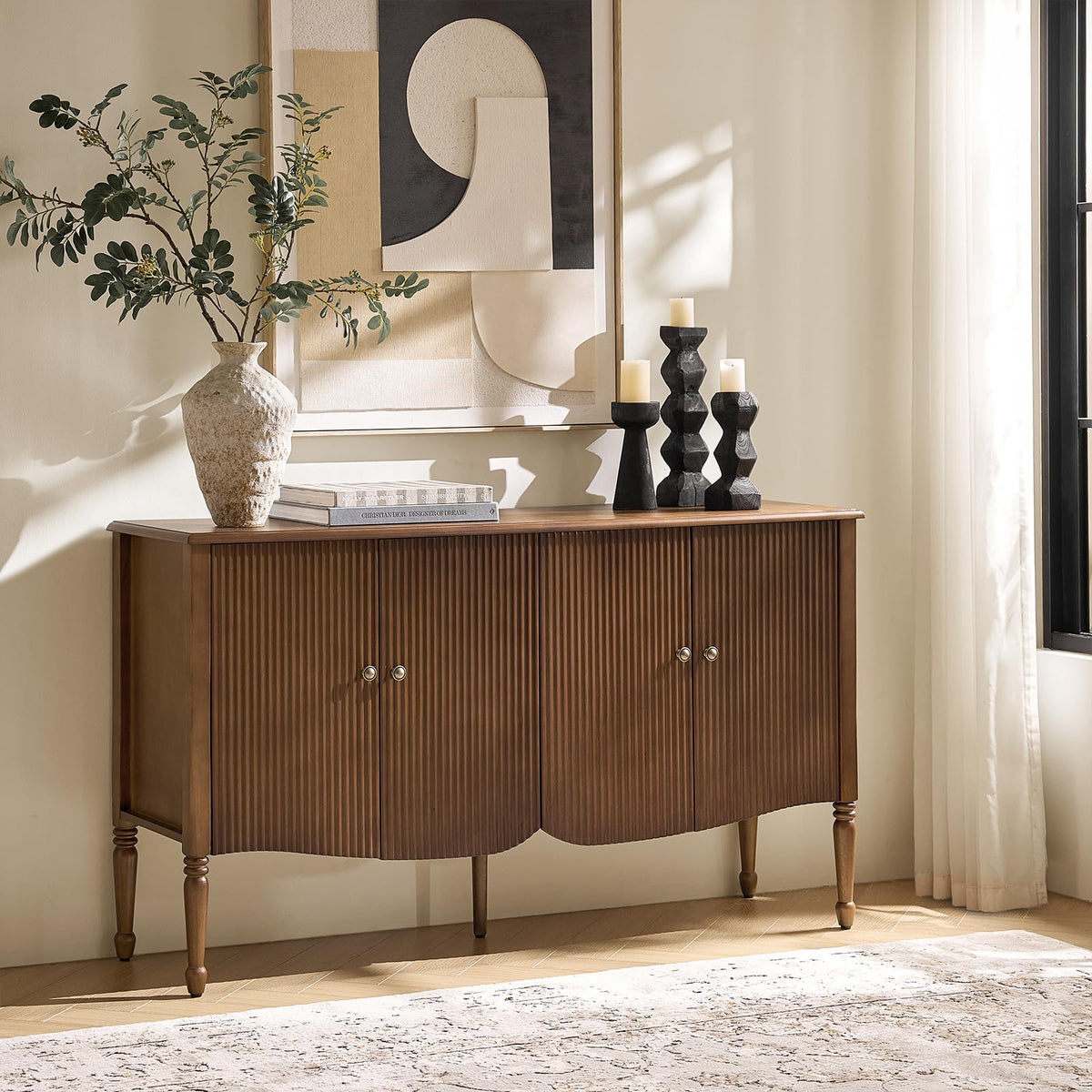 HULALA HOME 58" Fluted Sideboard Buffet Cabinet with Storage, Walnut