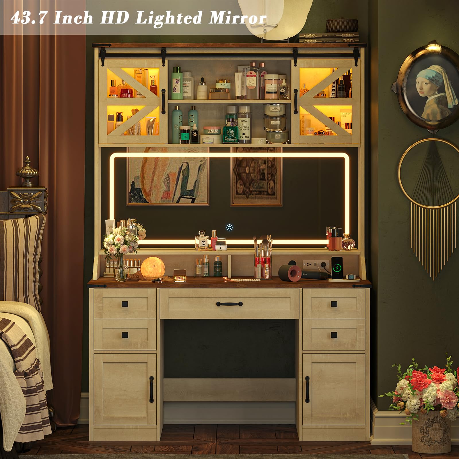 CSZZD 75.2" Farmhouse Vanity Desk with Mirror and Lights, Makeup Vanity Table with 5 Drawers & 2 Sliding RGB Door & Power Outlet, 3 Color Lighting Modes, Big Vanity for Bedroom, Antique White