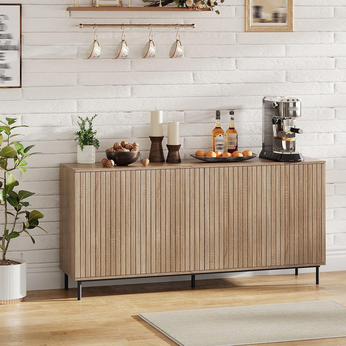 IDEALHOUSE 63" Fluted Sideboard Buffet Cabinet with 4 Doors and Adjustable Shelves, Modern Accent Storage Cabinet Coffee Bar Console Table Credenza with Metal Legs for Dining Room Living Room