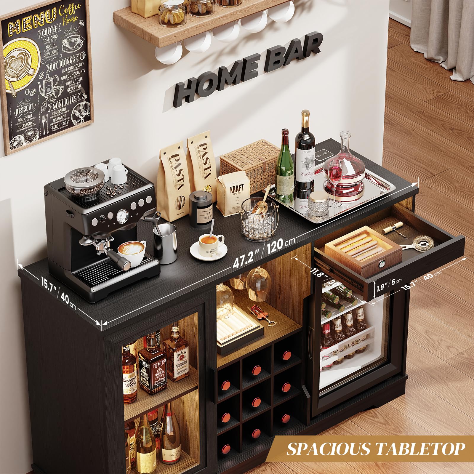 Bar Cabinet with Wine Cooler & LED Lights