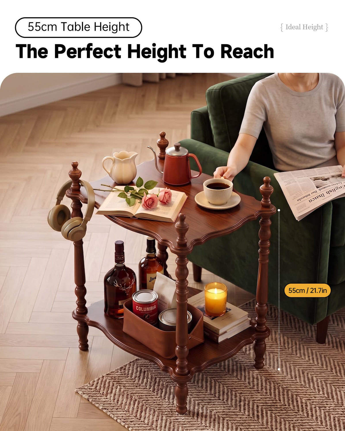 2-Tier French Vintage Side Table, Walnut End Tables with Victorian Finials