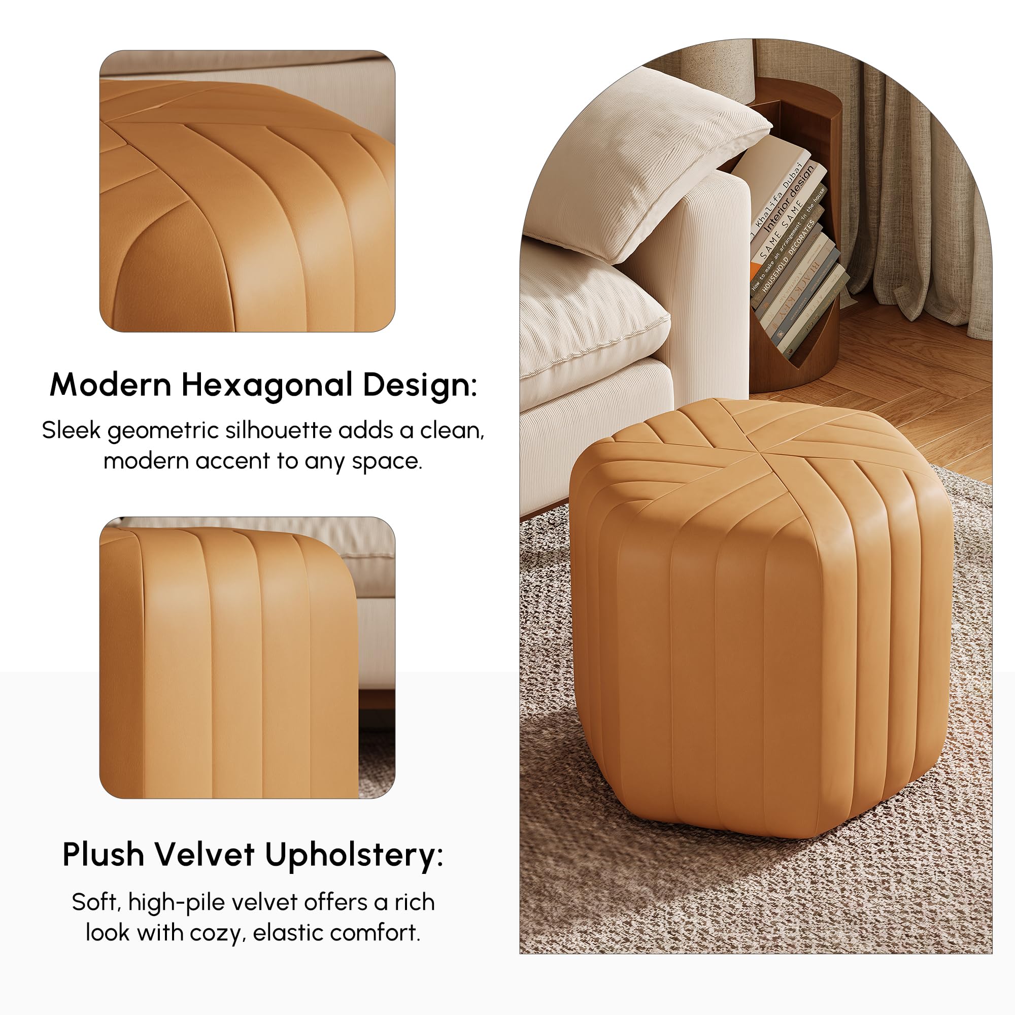 homary 18.5" Hexagonal Pouf Ottoman Upholstered, Velvet Footrest Rest Stools Modern Sofa Footrest Entryway Shoe Changing Stool, Low Coffee Table Footstool for Living Room/Bedroom/Entrway-Brown