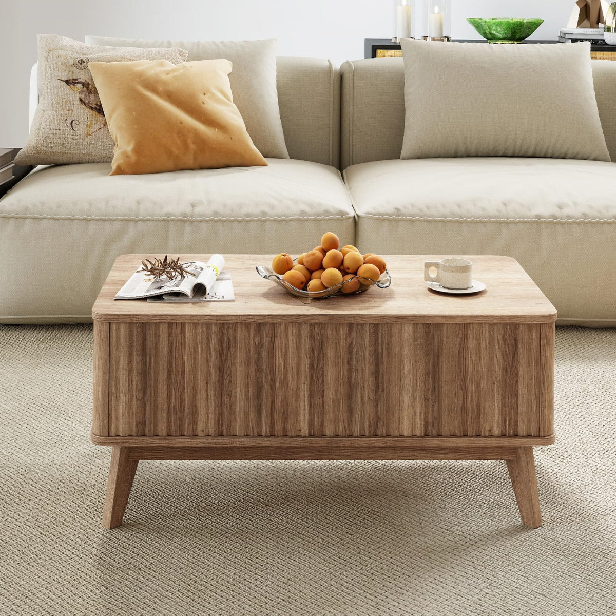 GIANTEX Lift Top Coffee Table with Storage, 35.5" Mid Century Modern Center Table with Solid Wood Leg & Hidden Compartment, Minimalist Fluted Living Room Table for Home Office, Oak