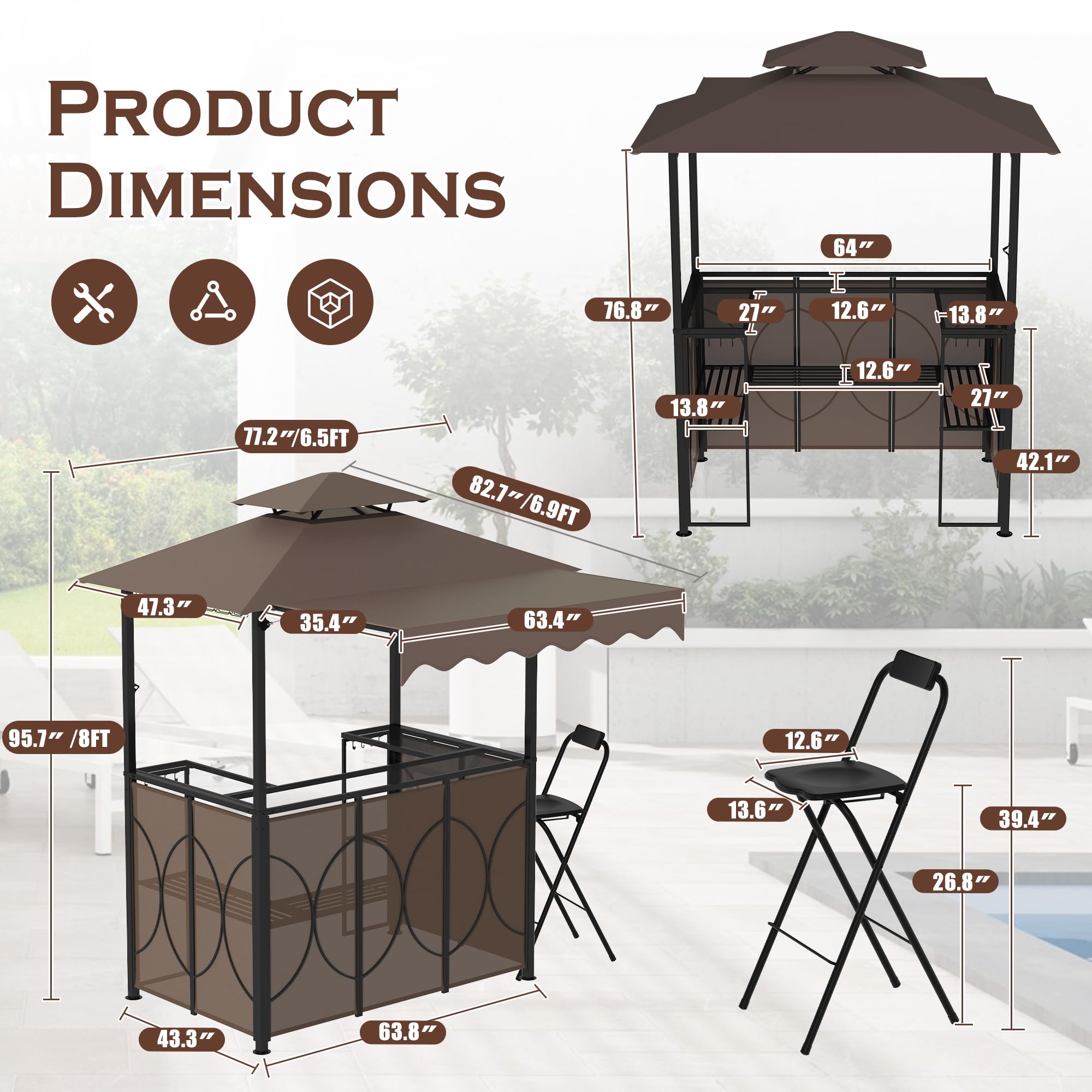 Grepatio 3 Piece Patio Bar Set with Canopy, Grill Gazebo with Bar Table and 2 Foldable Stools, Outdoor Bar Set with Storage Shelves, Extra Adjustable Shadow, Glass Holders for Garden Backyard