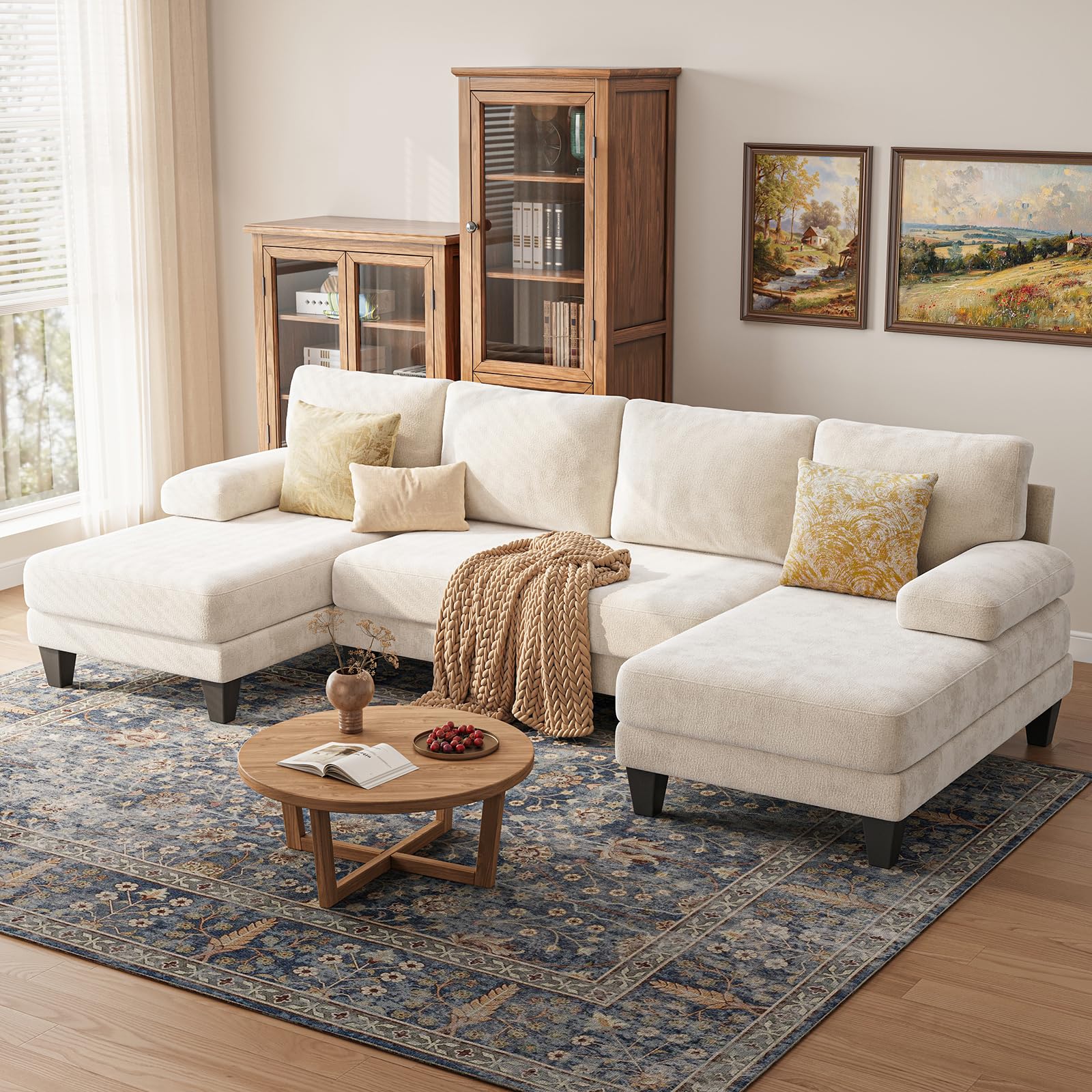 TROMIRY Sectional Couches for Living Room | 112 Inch U-Shaped Sectional Couch | 4 Seat Sofa Set with Double Chaise for Apartment | Warm White Chenille