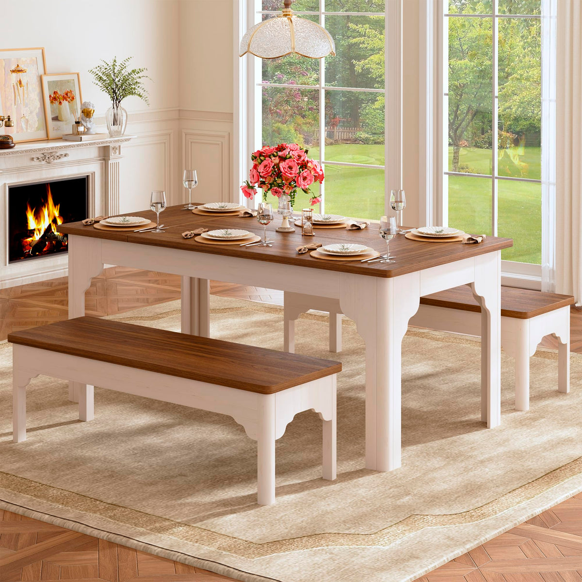 Farmhouse Dining Table Set with Benches