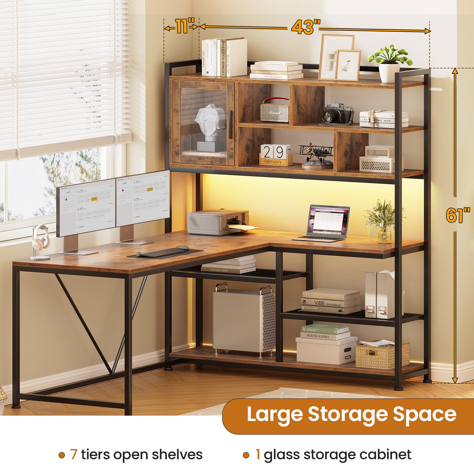L-Shaped Desk with LED Light & Bookshelf
