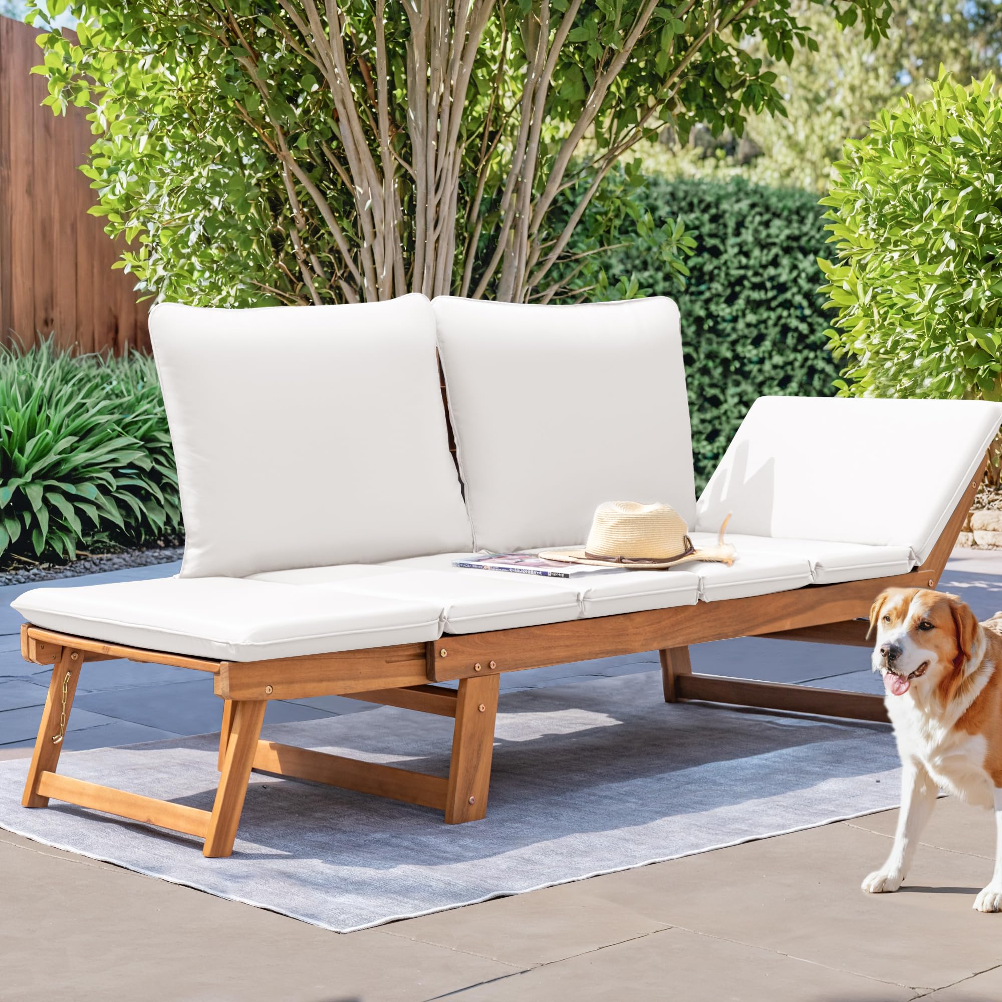 Acacia Wood Outdoor Convertible Sofa with Adjustable Backrest & Cushions
