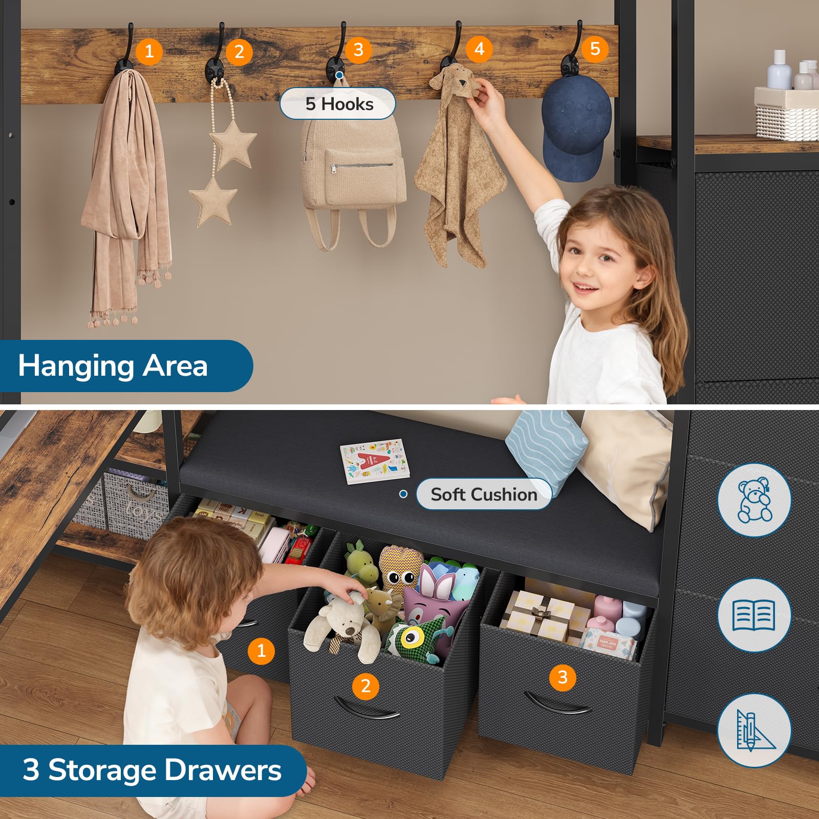 Twin Loft Bed with Desk, Storage & LED Lights