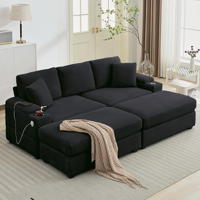 Green Corduroy Modular Sofa with Ottomans