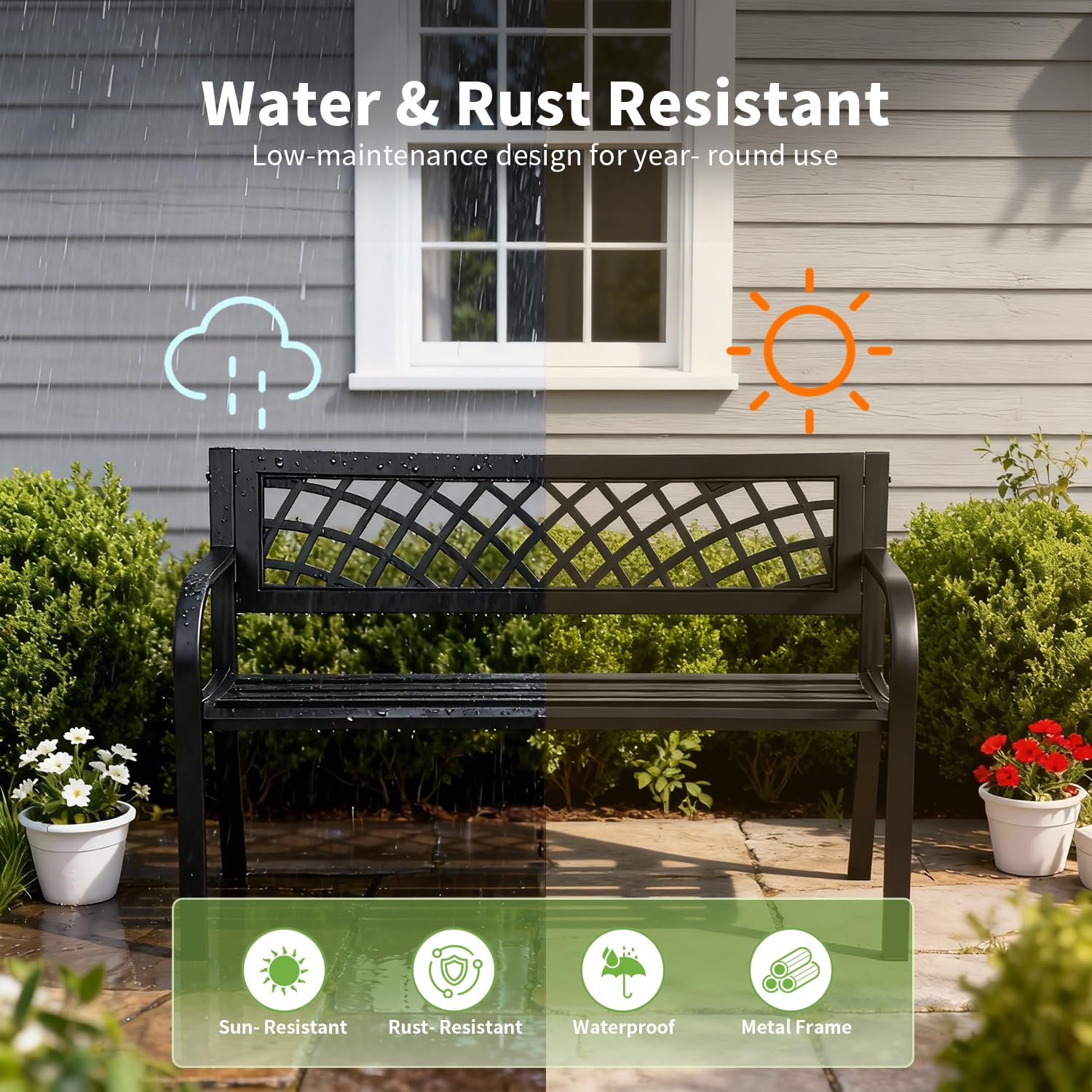 Outdoor Metal Garden Bench with Mesh Backrest