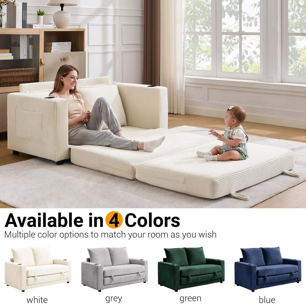 WODNITURE 55.6 in Convertible Sofa Bed, Corduroy Futon Couch, Beige