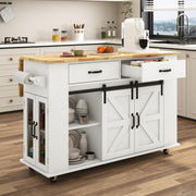 59" Kitchen Island W/Power Outlet&Drop Leaf,Kitchen Rolling Island W/Spice Rack&Towel Rack&Drawers,Kitchen Island Cart W/Sliding Barn Door,Mobile Island Table W/Adjustable Shelves for Dining Room