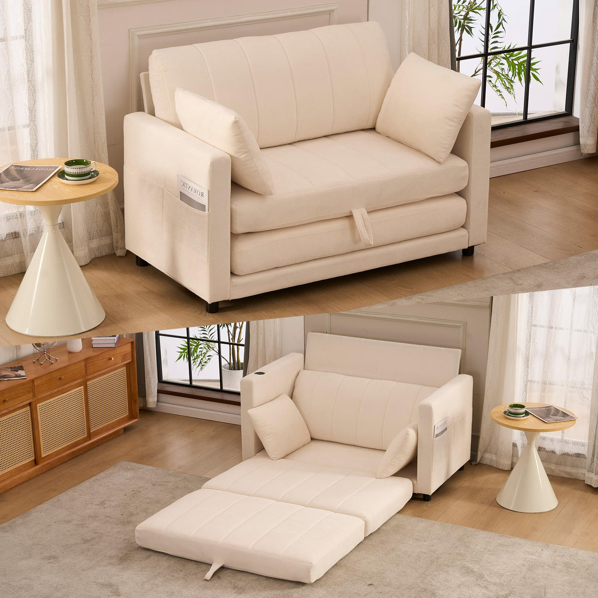 GIFTFIT 52" Convertible Loveseat Sofa Bed, 2 in 1 Sleeper Couch, Side Pockets, Space-Saving, Folding Sofa Bed with USB Port for Small Spaces, Living Room, Apartment （Beige）
