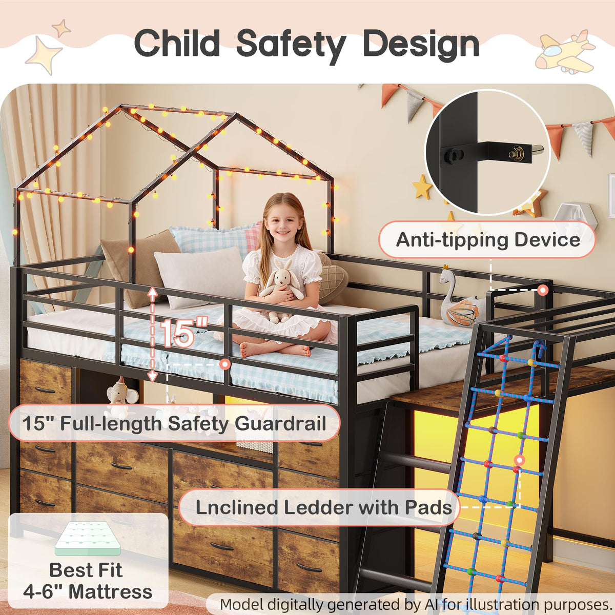 busyaeh Twin Low Loft Bed with Climbing Net and 10 Drawers, Rustic Brown