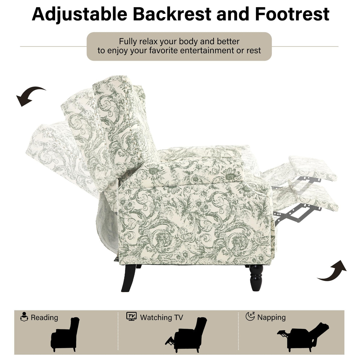 DREAMSIDEA Wingback Floral Pushback Recliner Chair, Rococo Green, Set of 1
