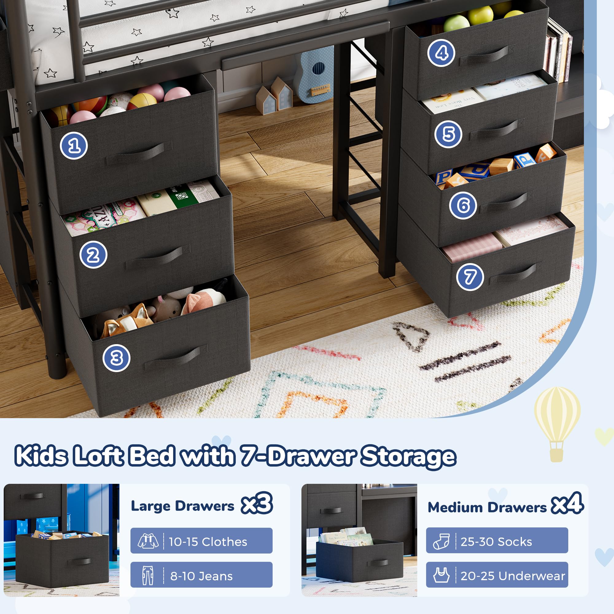 Low Loft Bed Twin Size with 7 Storage Drawers, Desk and LED Lights, Heavy Duty Metal Kids Loft Bed with 12" H Safety Guardrail, Anti-Collision Pad, Private Play Curtain, Under-Bed Play Space - Black