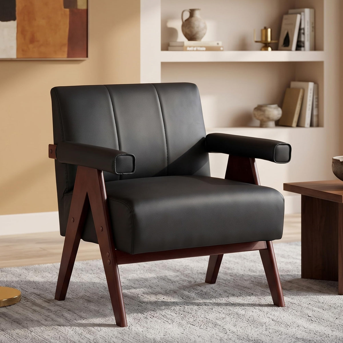 STHOUYN Leather Accent Chairs, Living Room Chair with Wooden Legs (Black)