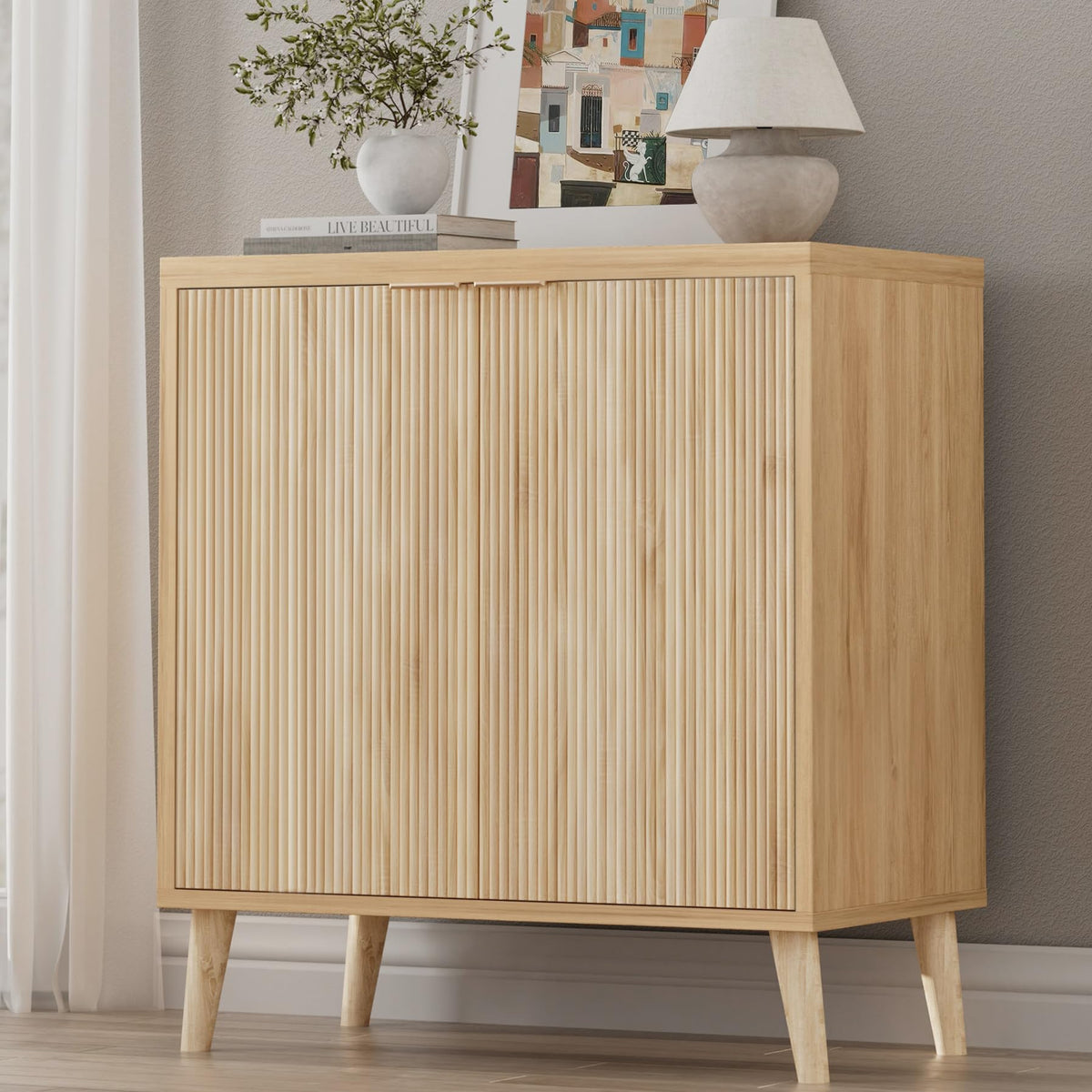 Homleke Fluted Buffet Cabinet with Storage, Modern Sideboard Cabinet