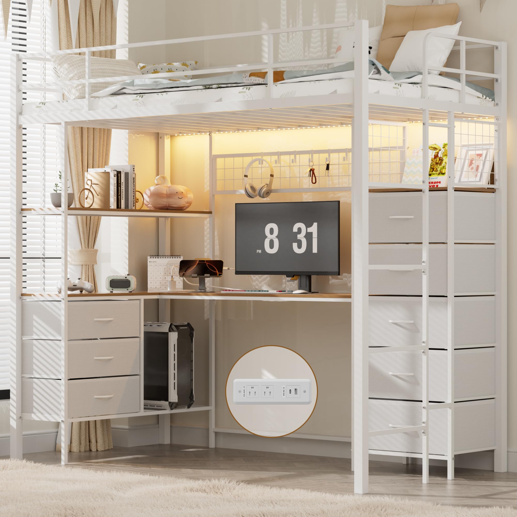 Twin Loft Bed with Desk & LED Lights