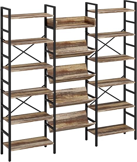 Industrial Bookshelf 6-Tier Triple Wide with Metal Frame