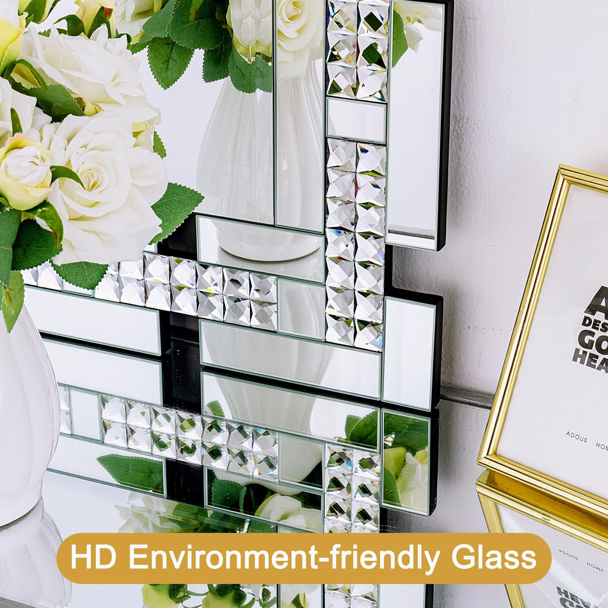 Chende Rectangular Elegant Living Room Mirror with Crystal, Glass Frame, Beveled Edge, 30" x 59" Full Length Crystal Decorative Mirror for Bedroom, Dining Room, Hallway, Unique Modern Design