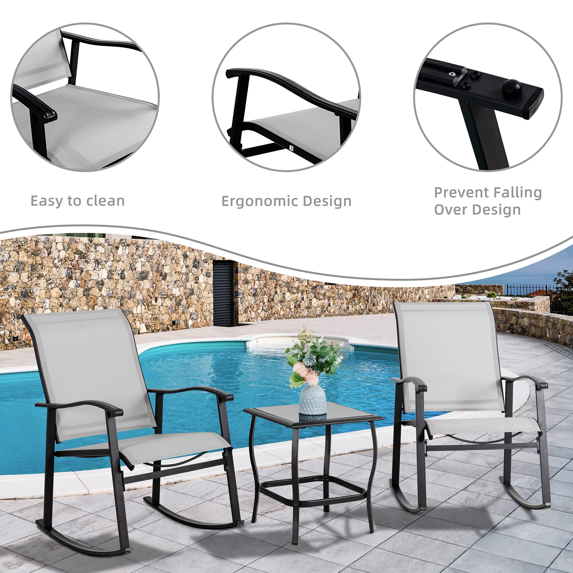 3-Piece Outdoor Rocking Bistro Set with Glass Table
