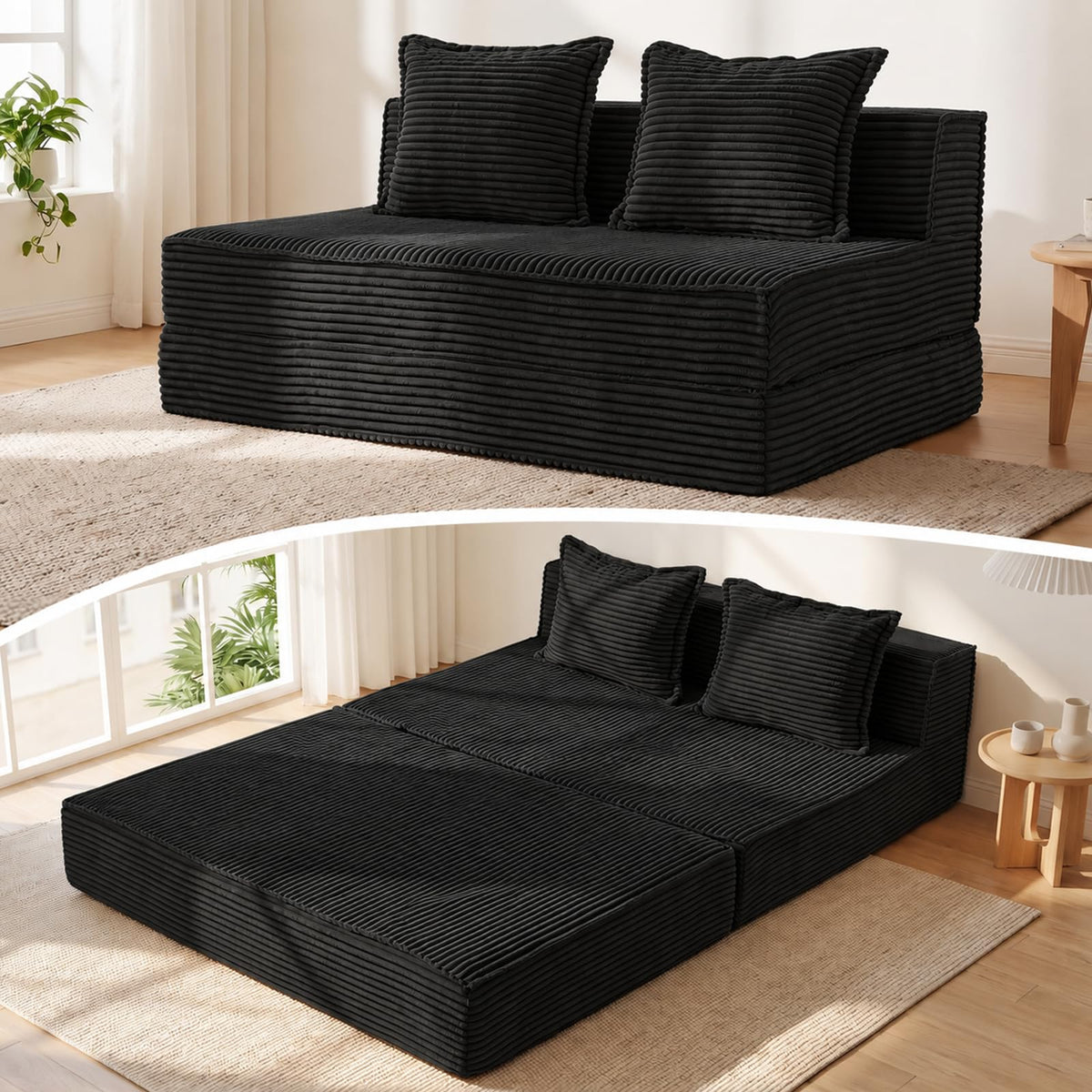 AOLVDOW Convertible Sofa Bed, Boneless Couch Loveseat Sleeper Chair Bed with 2 Pillows,Corduroy Floor Futon Folding Sofa Bed for Living Room Bedroom Guest Room (Black, Loveseat)