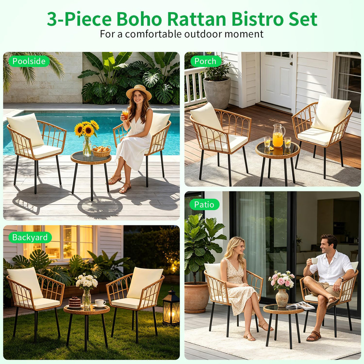 FDW 3 Pieces Patio Furniture Set, Patio Furniture Natural Rattan Patio Chairs Set with Coffee Table Cushion for Patio Porch Backyard Poolside Gardent, Beige