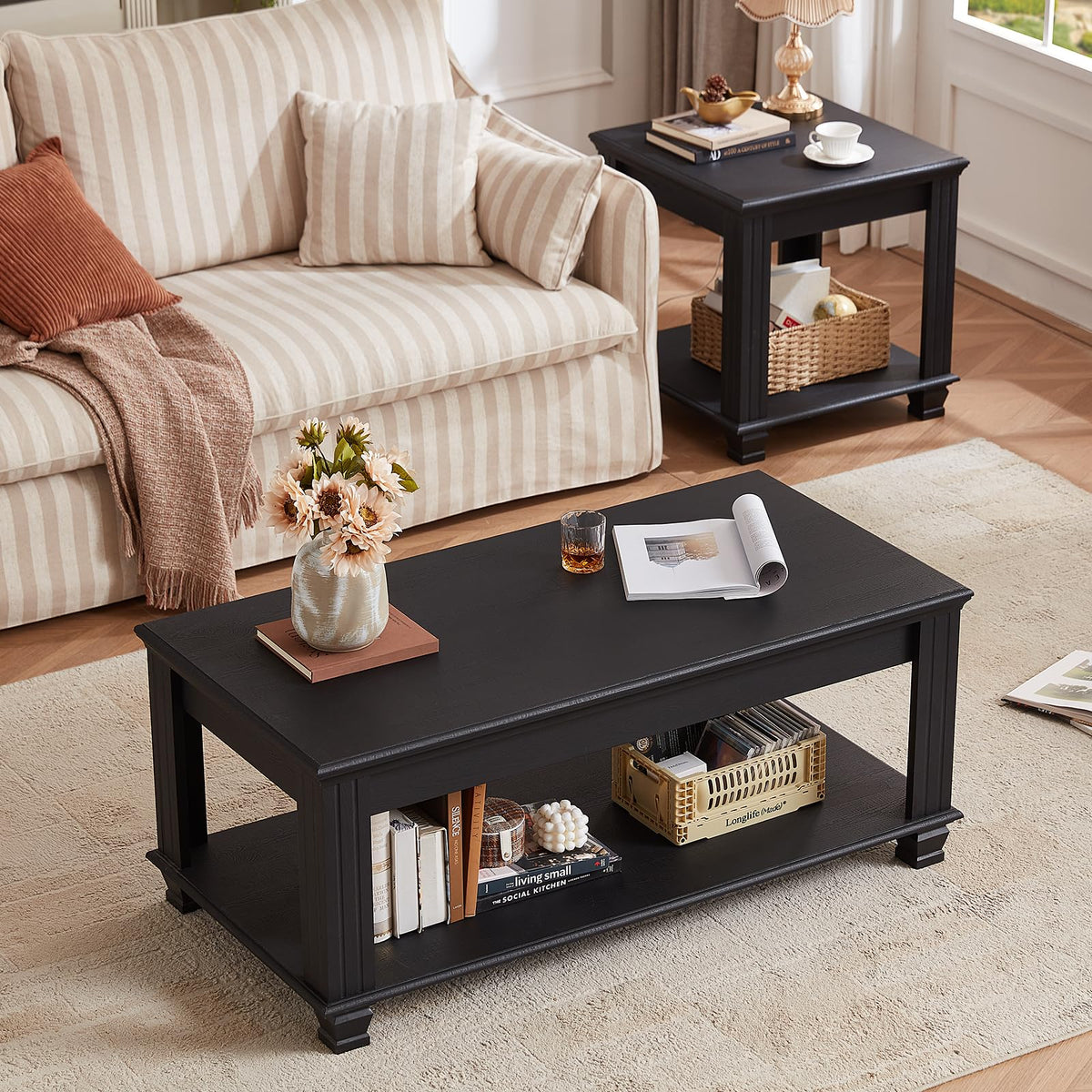 SAVOR LIFE Farmhouse Coffee Table Set of 3, Black