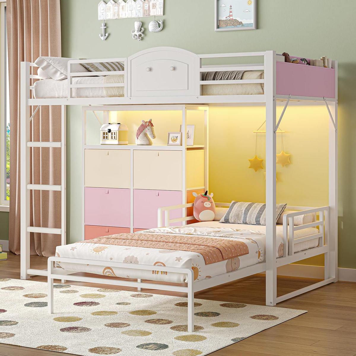 AOGLLATI Bunk Bed Twin Over Twin with 6 Storage Drawers for Kids Teens,Metal Led Loft Bed with Bedside Storage,Safety Guardrails for Small Space, No Box Spring Needed,White