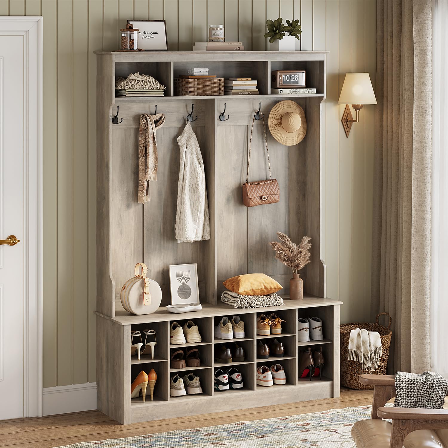 4-in-1 Farmhouse Hall Tree with Bench, 12 Shoe Cubbies & 6 Hooks