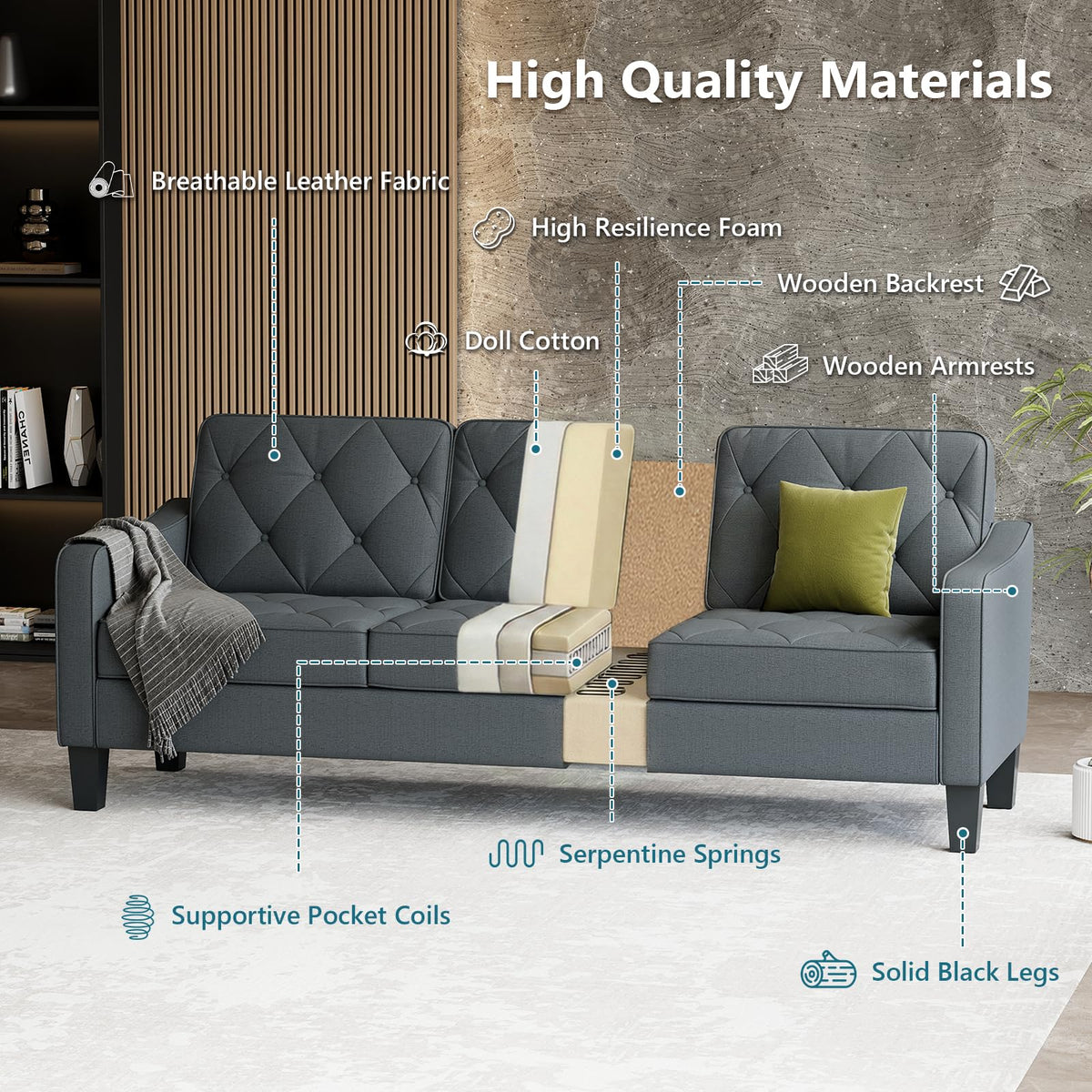 3-Piece Dark Grey Tufted Sofa Set