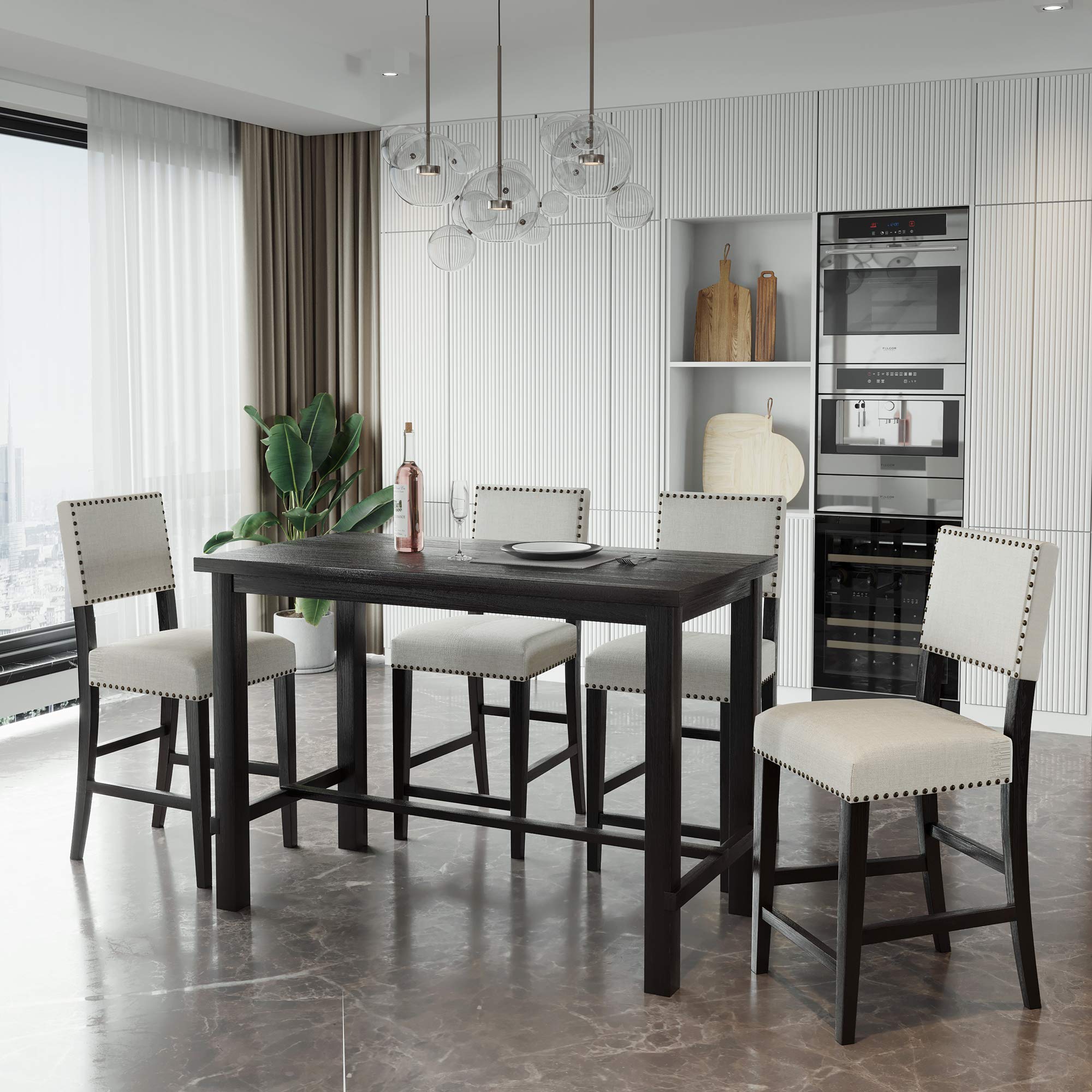 5-Piece Counter Height Dining Table Set with 4 Cushioned Chairs