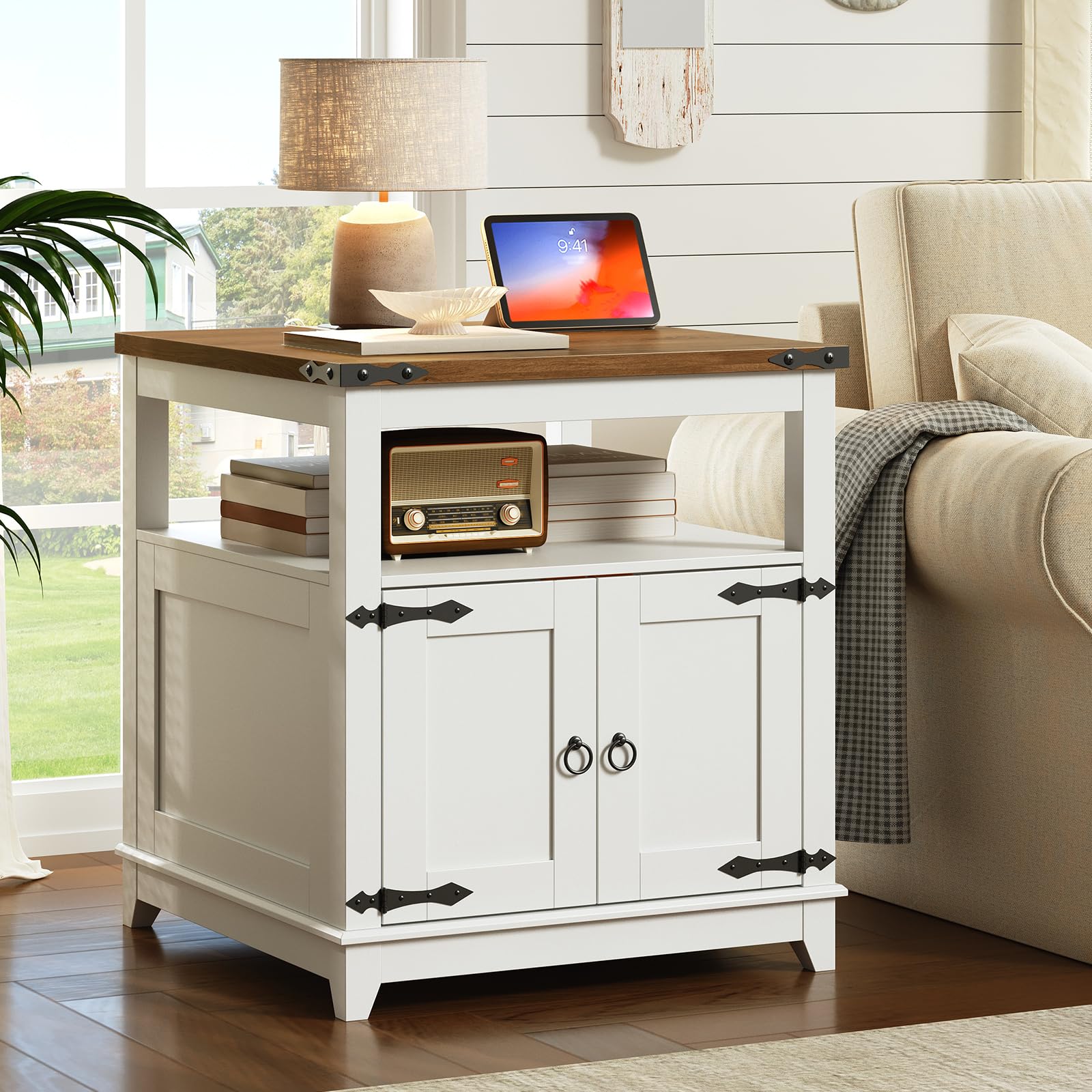 Farmhouse End Table with Charging Station and Barn Door
