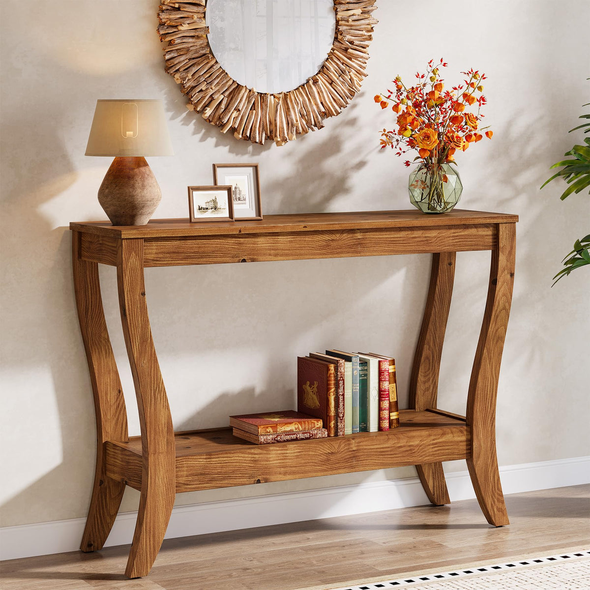 TRIBEWOOD Solid Wood Console Table for Entryway, 41.3-Inch Farmhouse Sofa Table with Storage, 2-Tier Wooden Entrance Table for Living Room, Hallway, Foyer (Walnut)