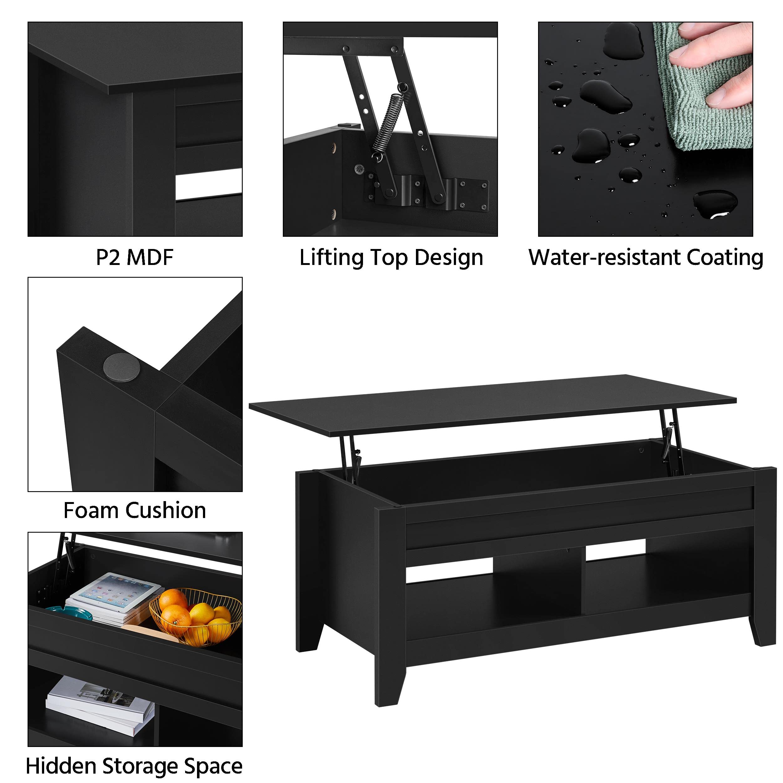 Yaheetech 47.5in Coffee Tables and 2PCS Side Tables Set, Lift Top Coffee Table with Storage and 3 Tier End Table with Storage Shelf for Living Room Black