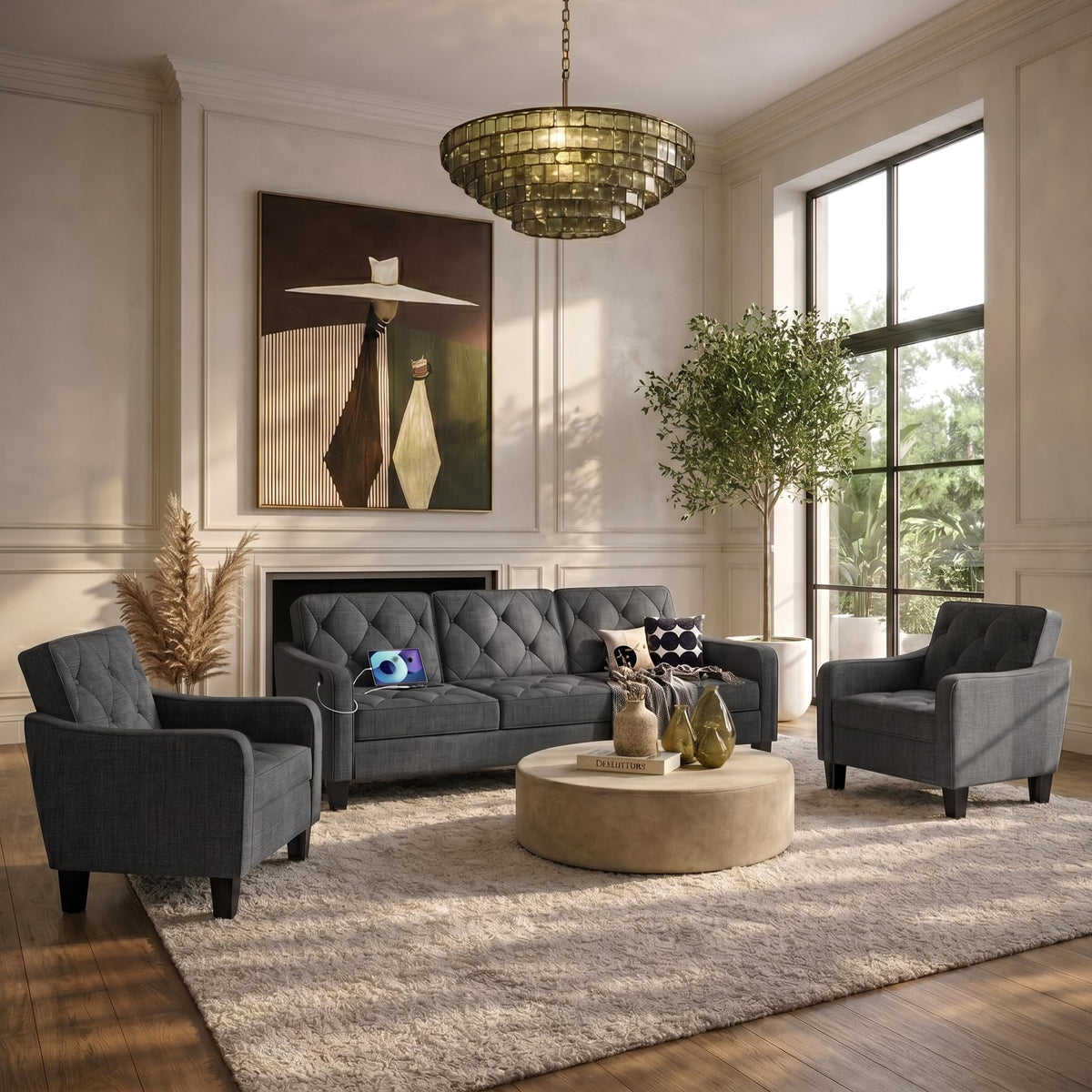 3-Piece Dark Grey Tufted Sofa Set
