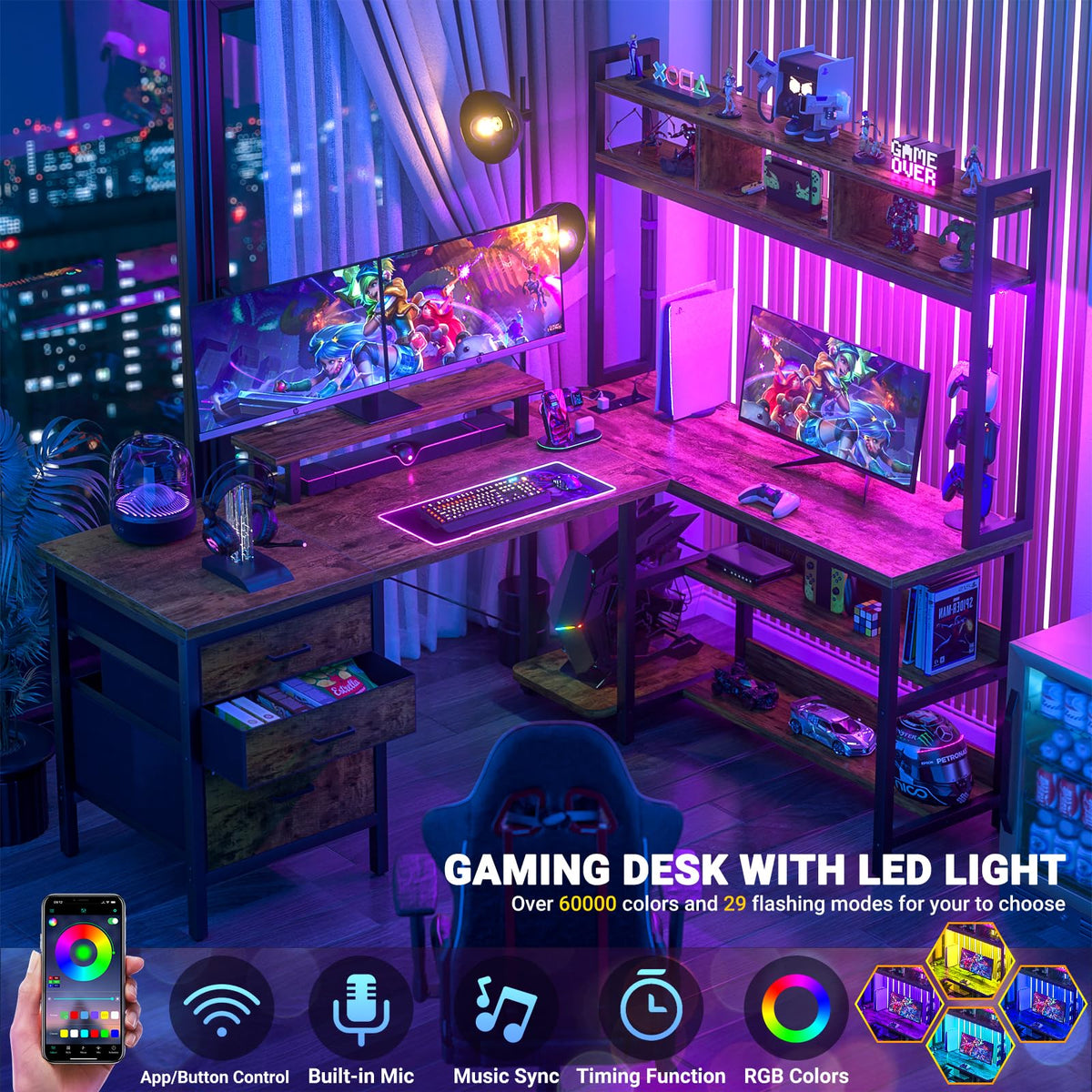 L-Shaped LED Desk with Hutch