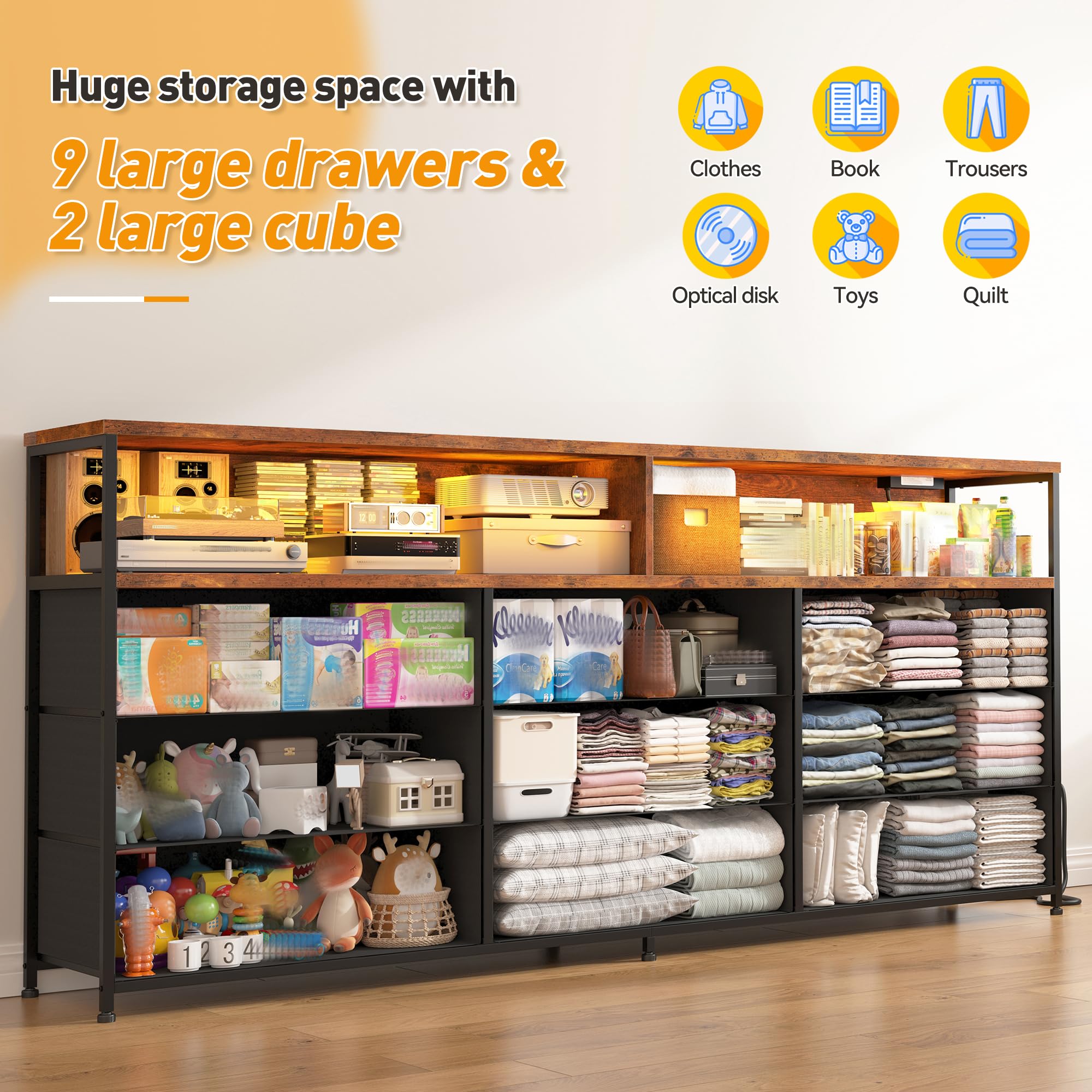 EnHomee 55" W Dresser for Bedroom with Charging Station & LED, 65/55 Inch TV Stand with 9 Fabric Drawers, Sturdy Dressers & Chest of Drawers with 2 Wood Storage Open Shelves,Entryway, Rustic Brown