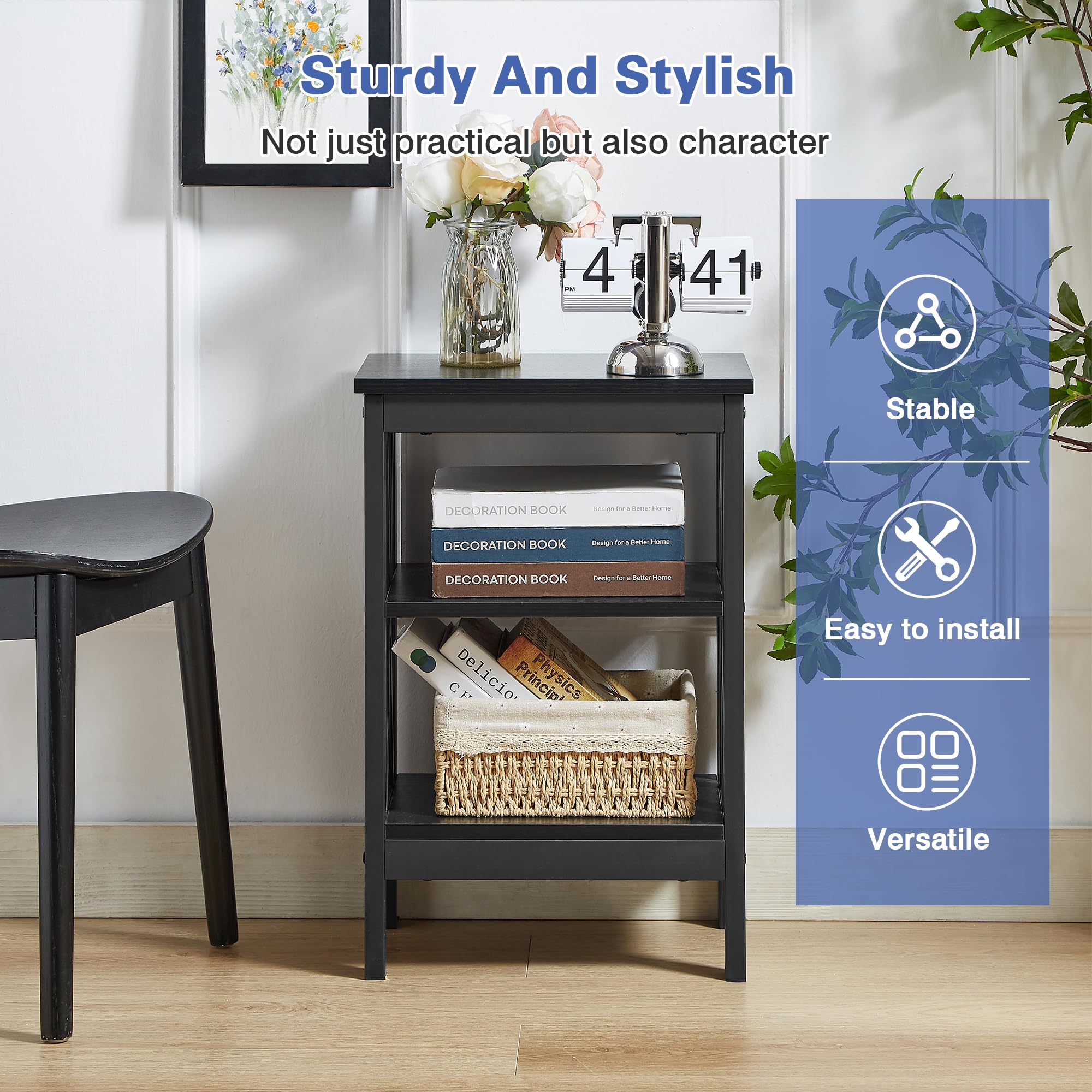Nightstand End Table Set of 2 with Storage Shelf, X-Design