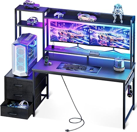 Casaottima 48 Inch Gaming Desk with Hutch & 3 Fabric Drawers, Computer Desk with USB Ports & LED Lights, Reversible Pc Gamer Table with Monitor Stand for Home Office, Carbon Fiber Black