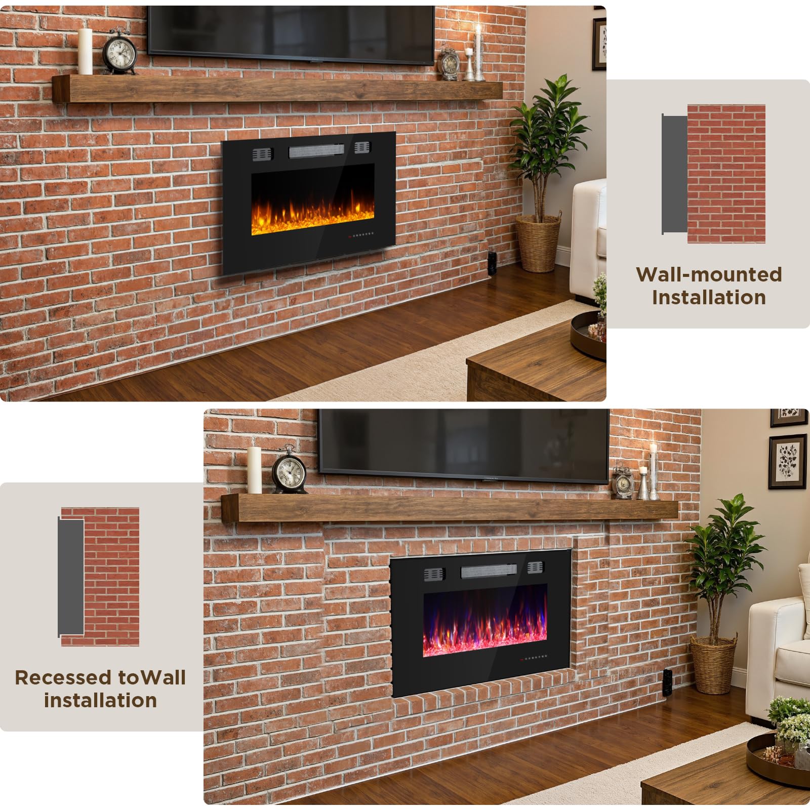 36 Inch Electric Fireplace with Crystal, Electric Fireplaces Insert, Wall Mounted/Recessed Fireplace with Remote Control, 12-Color Flame, Brightness & Speed