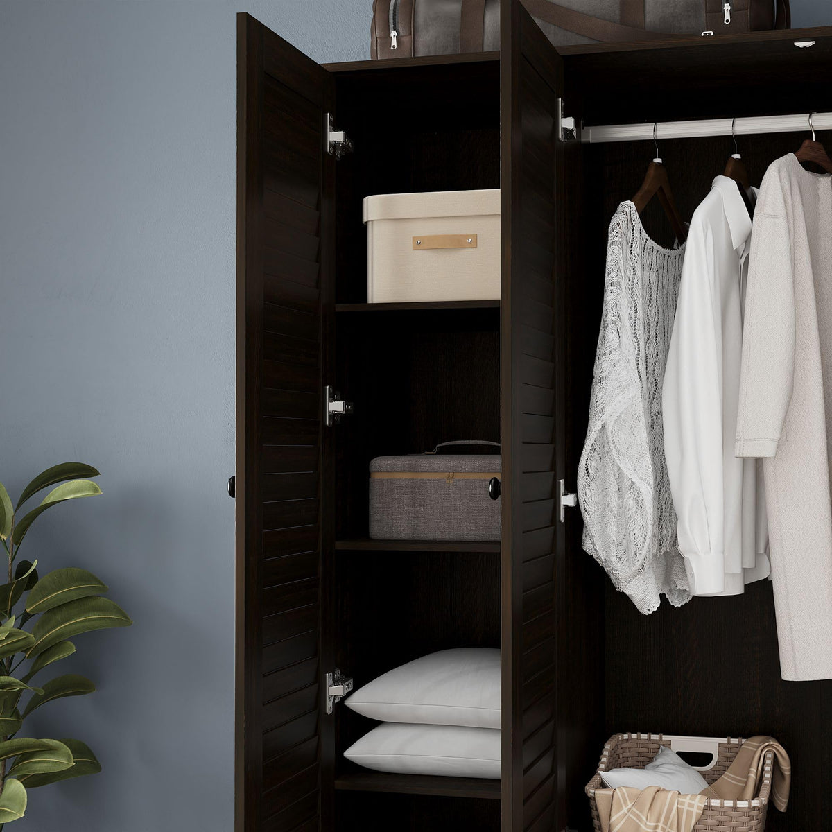 Brown Louvered Wardrobe with Drawers